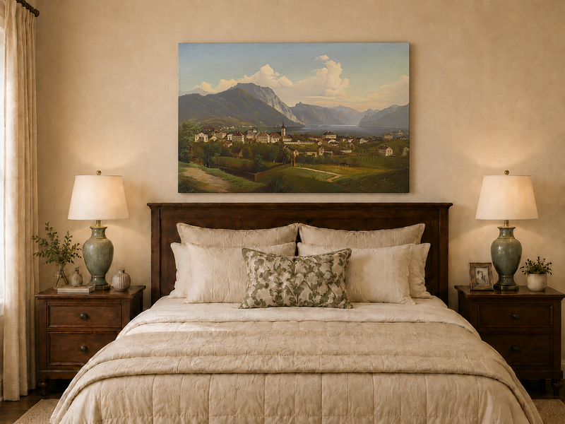 Peinture à l'huile de paysage - Ville et montagne au bord du lac