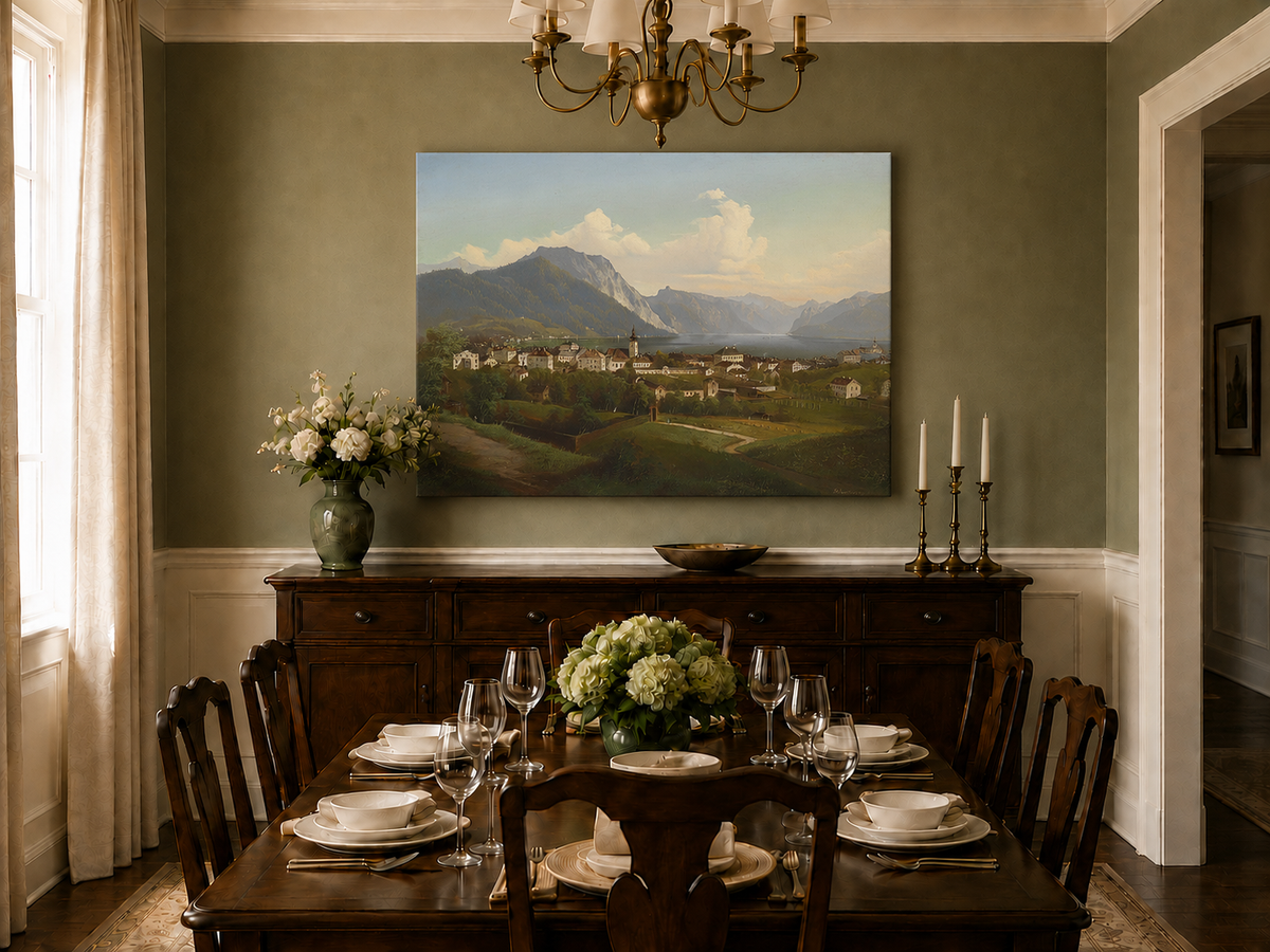 Peinture à l'huile de paysage - Ville et montagne au bord du lac