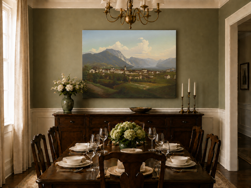Peinture à l'huile de paysage - Ville et montagne au bord du lac