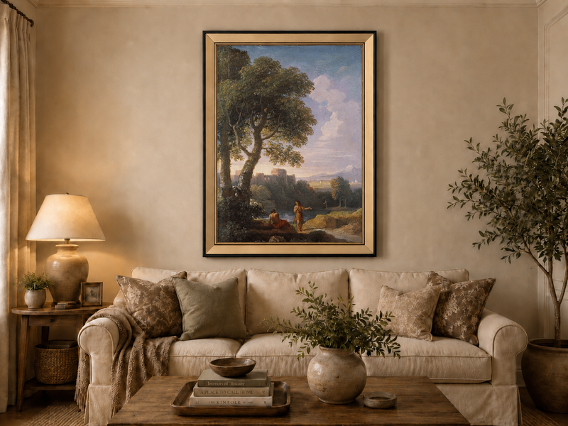 Landscape Oil Painting - Classical Ruins by River with Figures