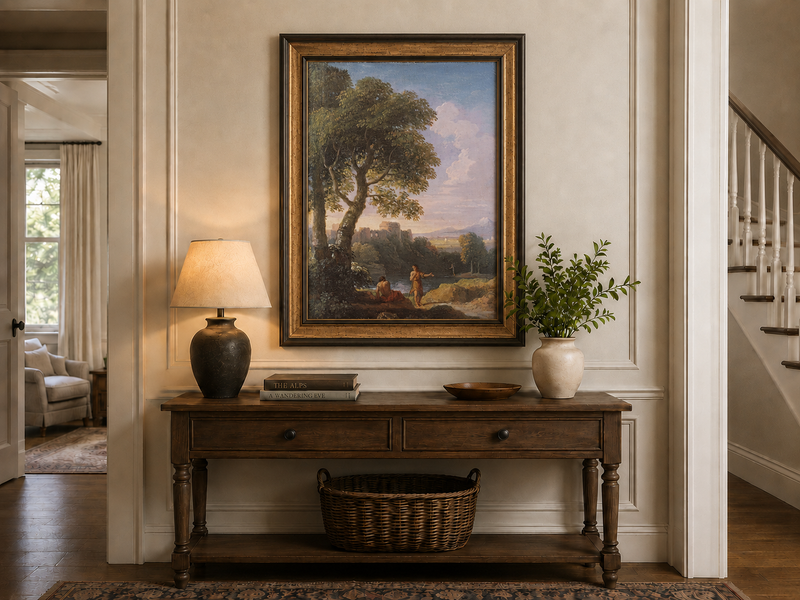 Landscape Oil Painting - Classical Ruins by River with Figures