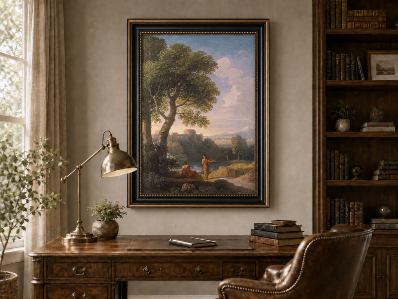 Landscape Oil Painting - Classical Ruins by River with Figures