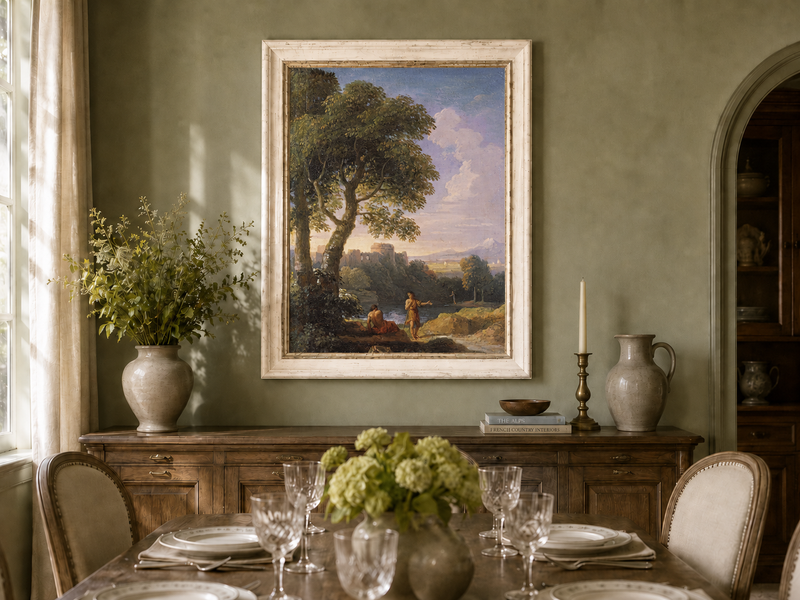 Landscape Oil Painting - Classical Ruins by River with Figures
