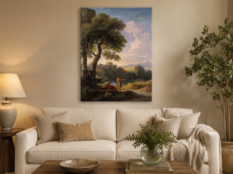 Landscape Oil Painting - Classical Ruins by River with Figures