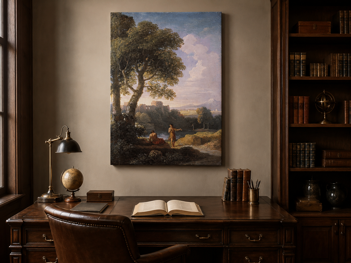 Landscape Oil Painting - Classical Ruins by River with Figures
