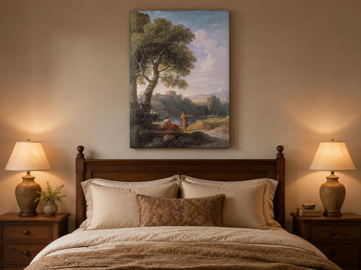 Landscape Oil Painting - Classical Ruins by River with Figures