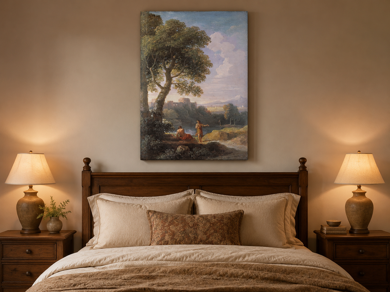 Landscape Oil Painting - Classical Ruins by River with Figures