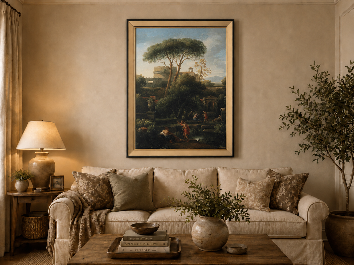 Landscape Oil Painting - Classical Garden with Pines and Figures