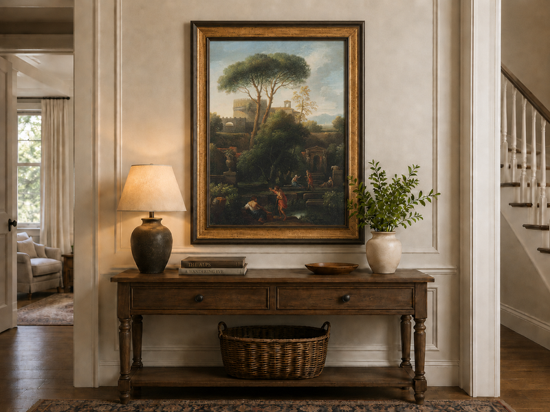 Landscape Oil Painting - Classical Garden with Pines and Figures