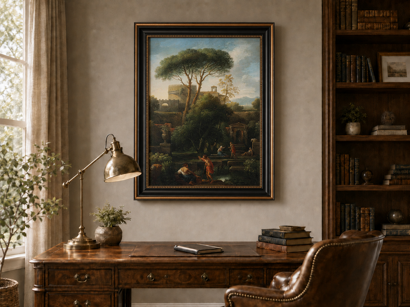 Landscape Oil Painting - Classical Garden with Pines and Figures