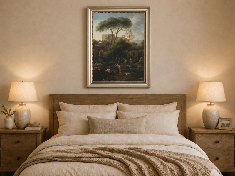 Landscape Oil Painting - Classical Garden with Pines and Figures