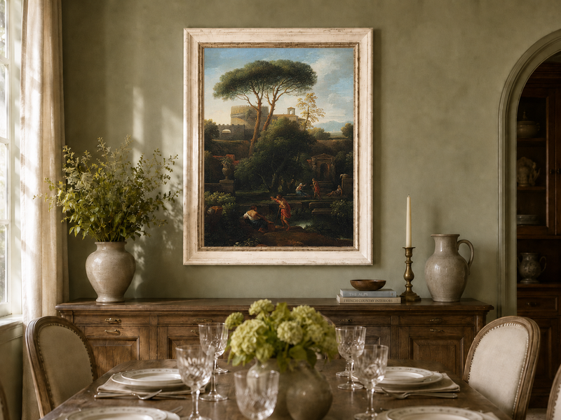 Landscape Oil Painting - Classical Garden with Pines and Figures