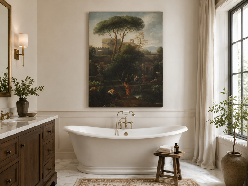 Landscape Oil Painting - Classical Garden with Pines and Figures
