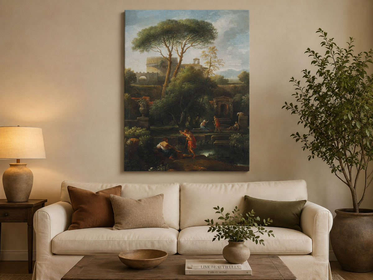 Landscape Oil Painting - Classical Garden with Pines and Figures