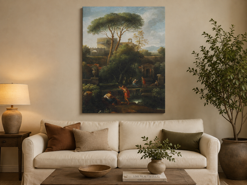 Landscape Oil Painting - Classical Garden with Pines and Figures
