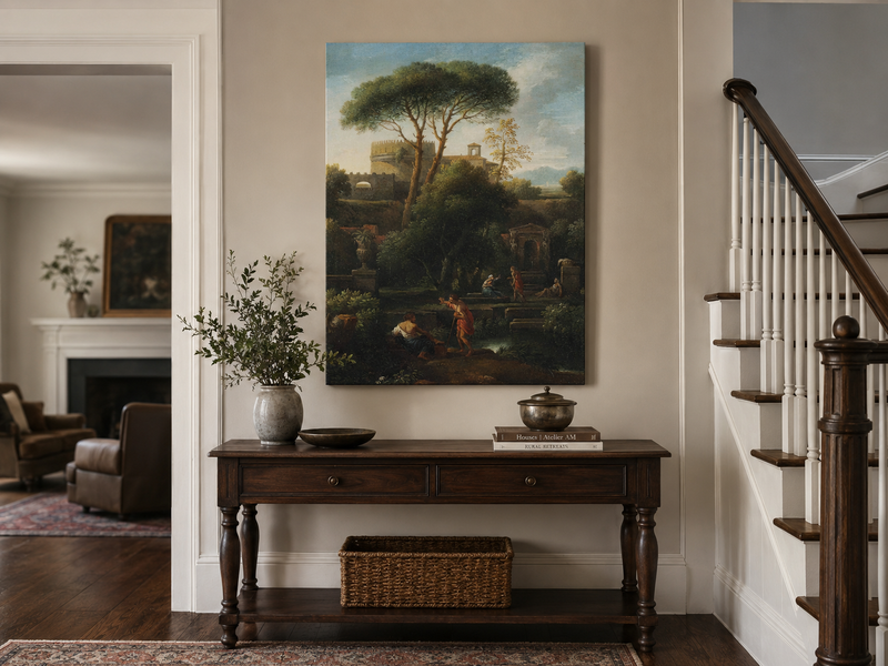 Landscape Oil Painting - Classical Garden with Pines and Figures