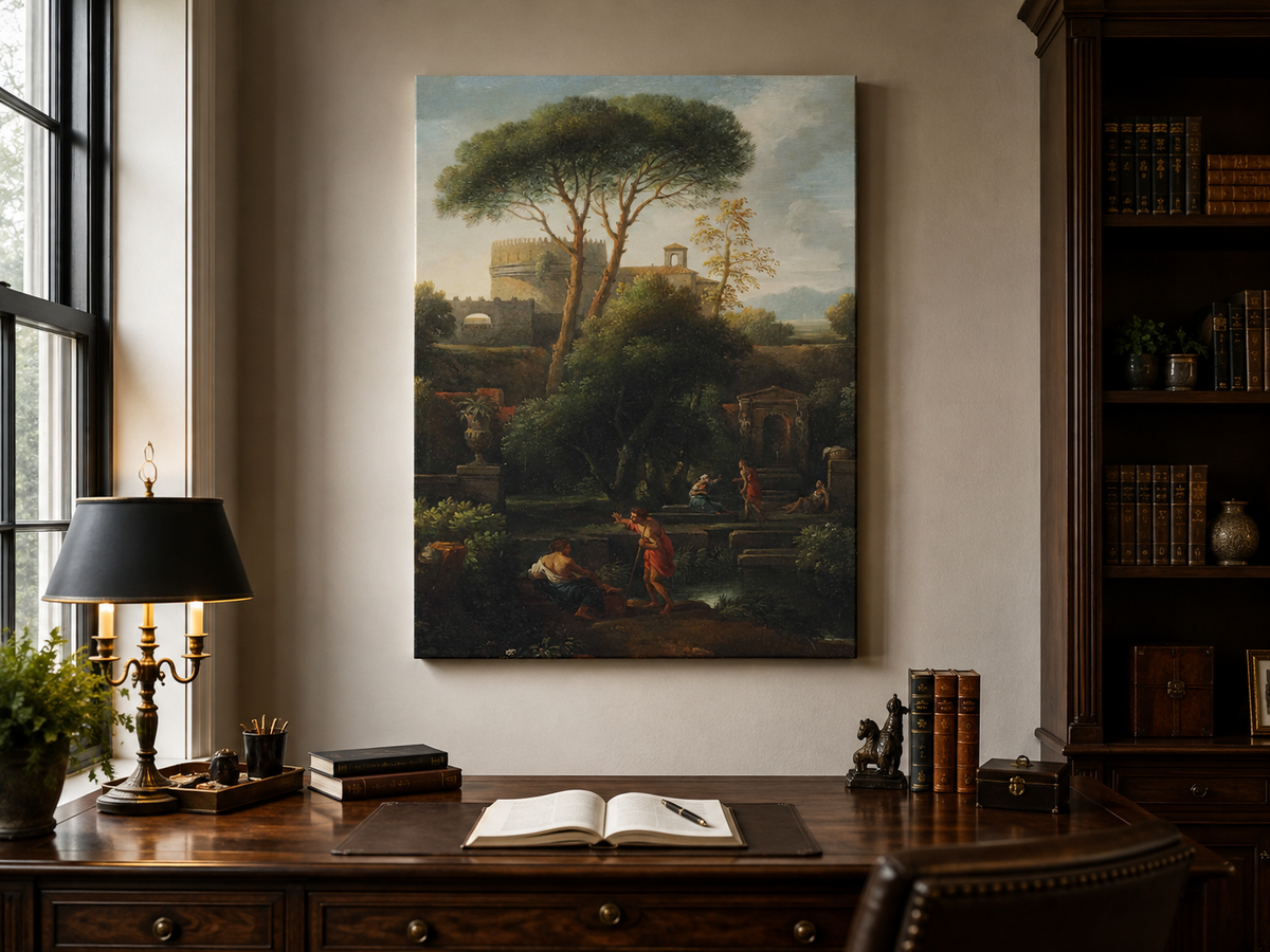 Landscape Oil Painting - Classical Garden with Pines and Figures