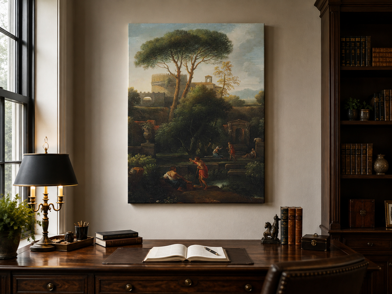 Landscape Oil Painting - Classical Garden with Pines and Figures