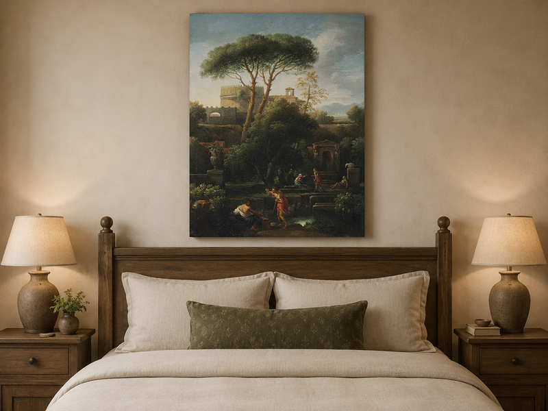 Landscape Oil Painting - Classical Garden with Pines and Figures
