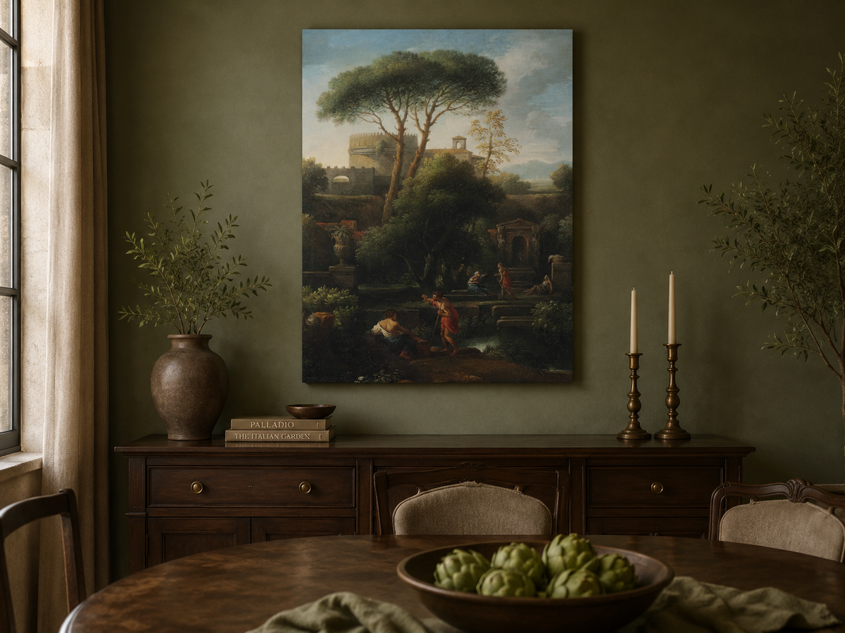 Landscape Oil Painting - Classical Garden with Pines and Figures