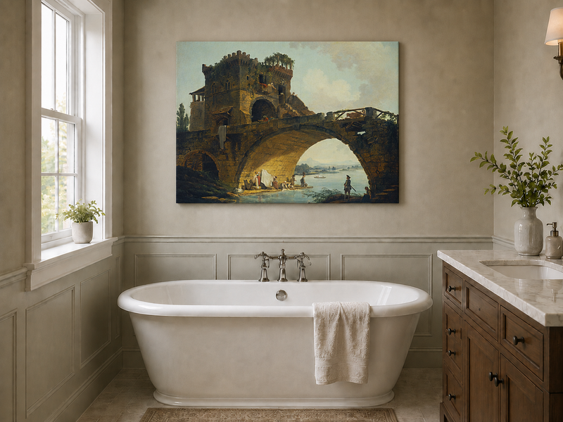Landscape Oil Painting - Stone Bridge with Figures by River