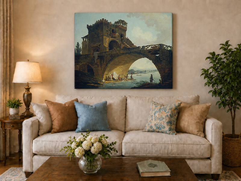 Landscape Oil Painting - Stone Bridge with Figures by River