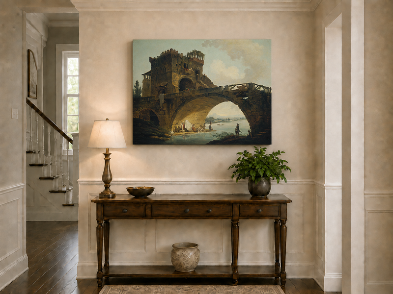 Landscape Oil Painting - Stone Bridge with Figures by River