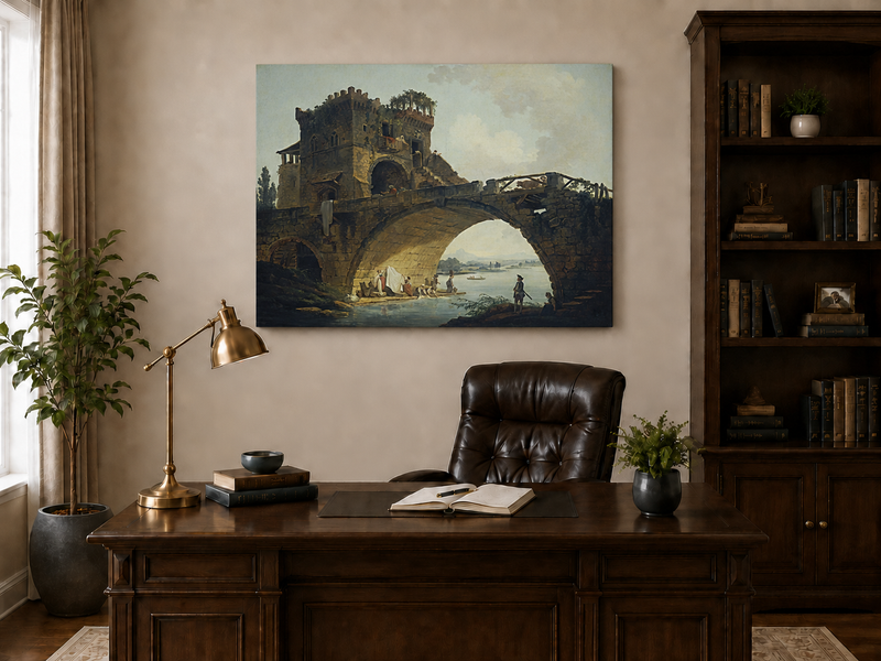 Landscape Oil Painting - Stone Bridge with Figures by River