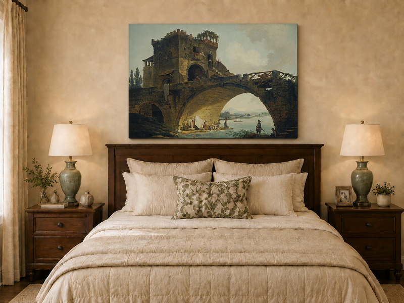 Landscape Oil Painting - Stone Bridge with Figures by River