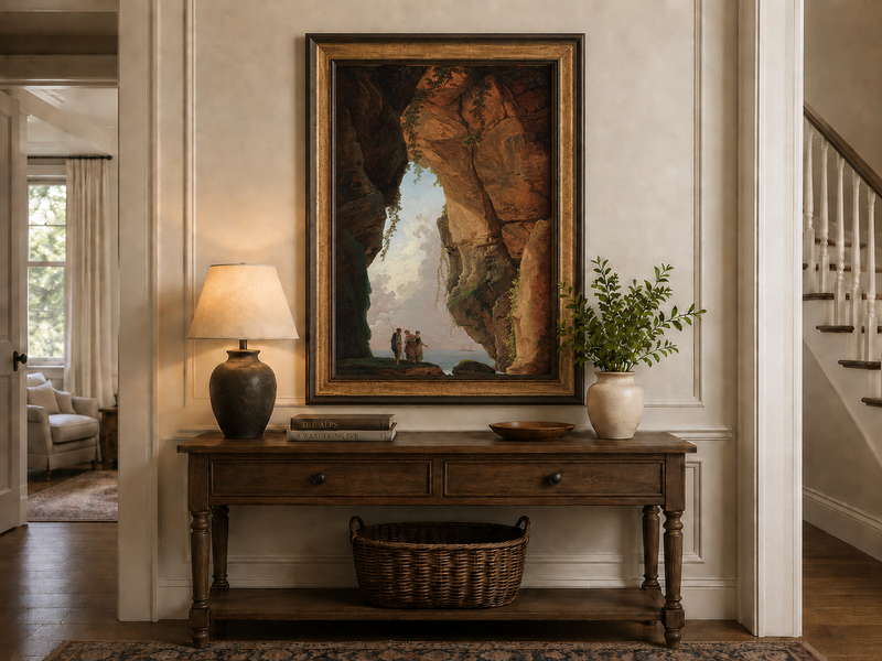 Landscape Oil Painting - Sea Cave Arch with Coastal Figures