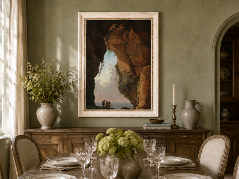 Landscape Oil Painting - Sea Cave Arch with Coastal Figures