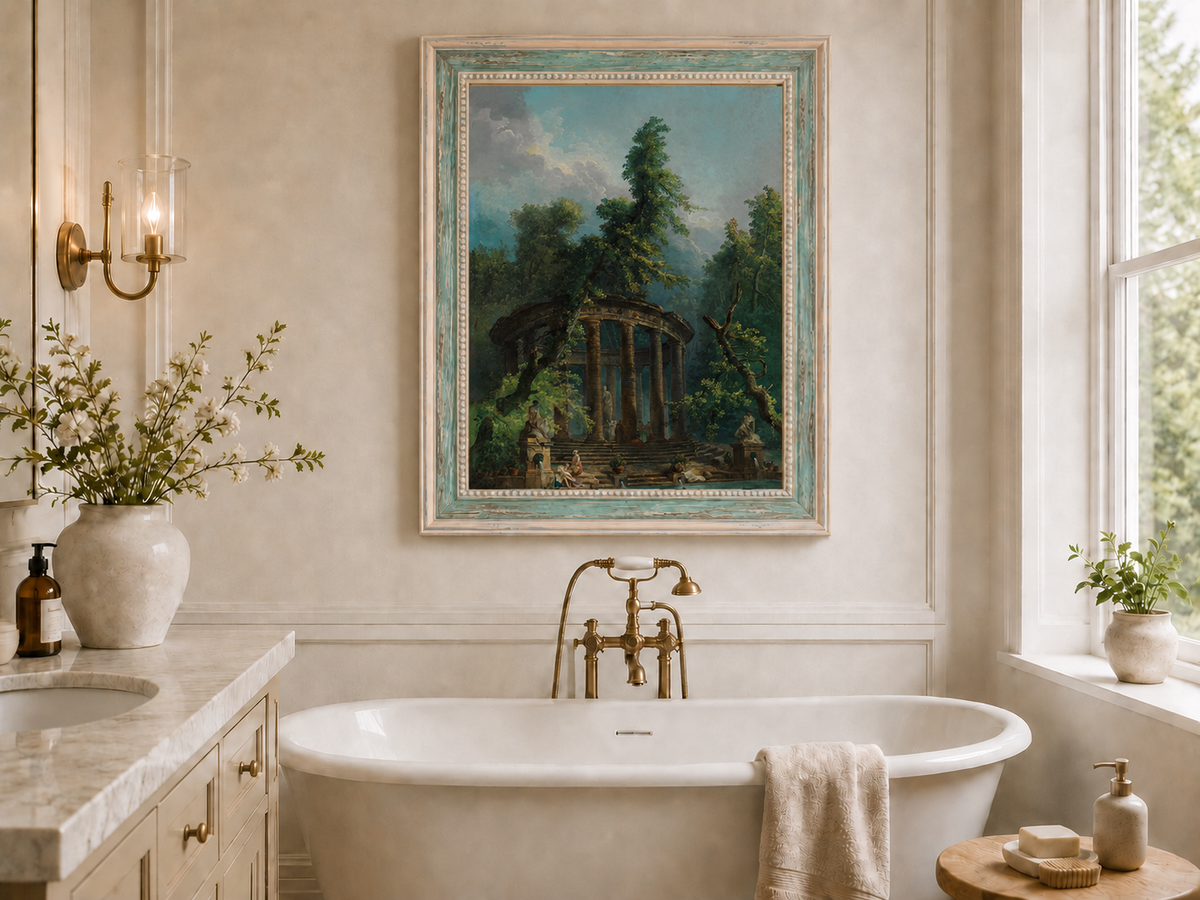 Peinture à l'huile de paysage - Rivière printanière avec pêcheur et arbres