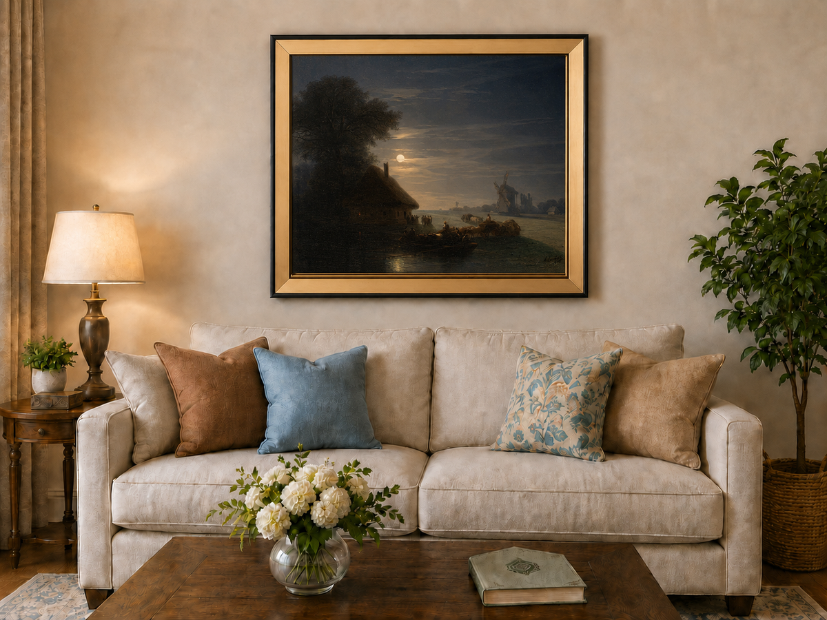 Landscape Oil Painting - Moonlit River and Windmill Village