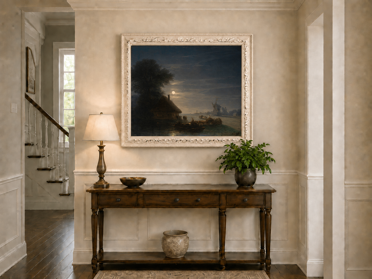 Landscape Oil Painting - Moonlit River and Windmill Village