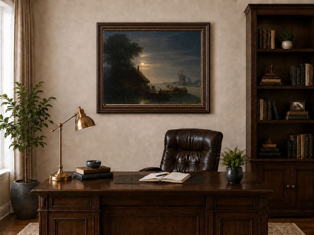 Landscape Oil Painting - Moonlit River and Windmill Village