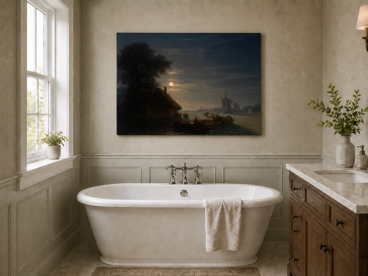 Landscape Oil Painting - Moonlit River and Windmill Village