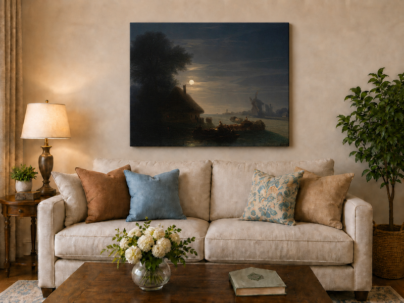 Landscape Oil Painting - Moonlit River and Windmill Village