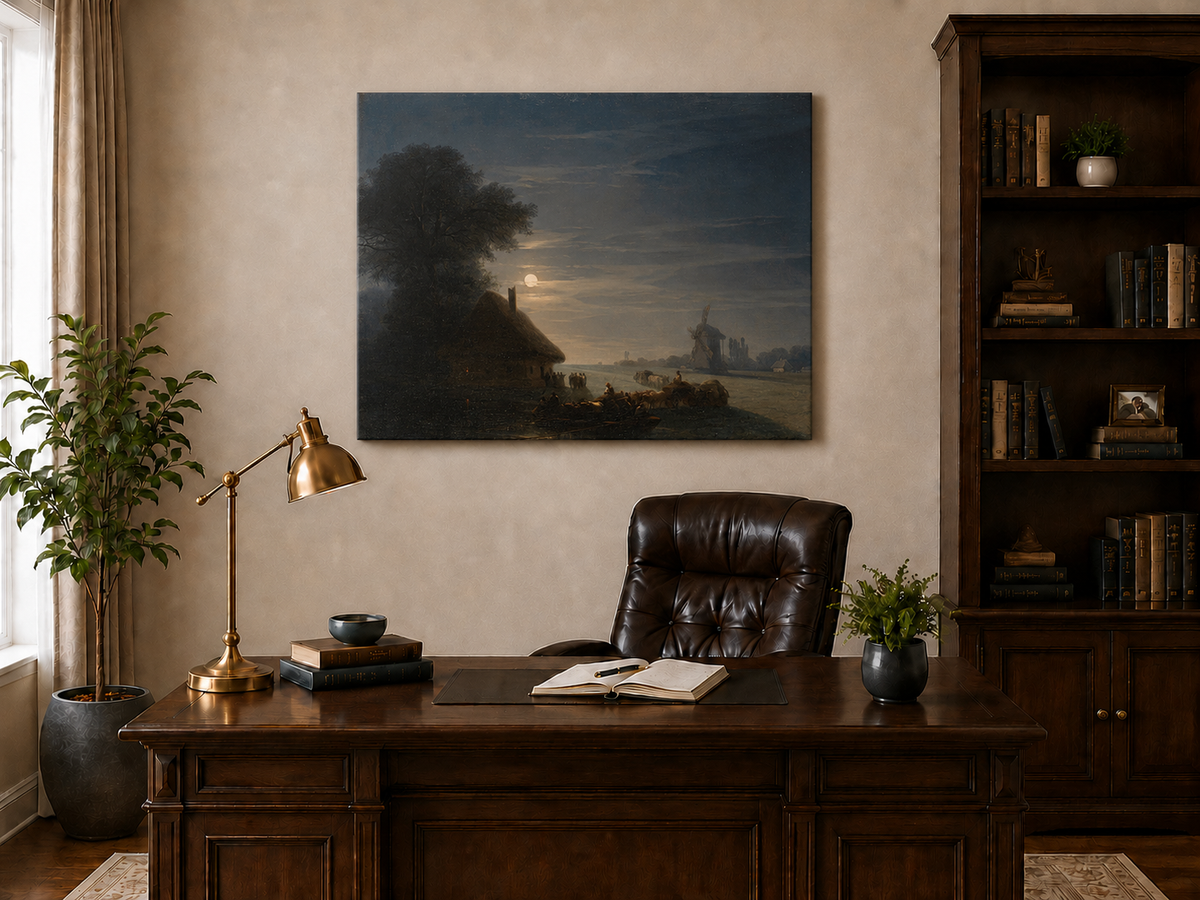 Landscape Oil Painting - Moonlit River and Windmill Village