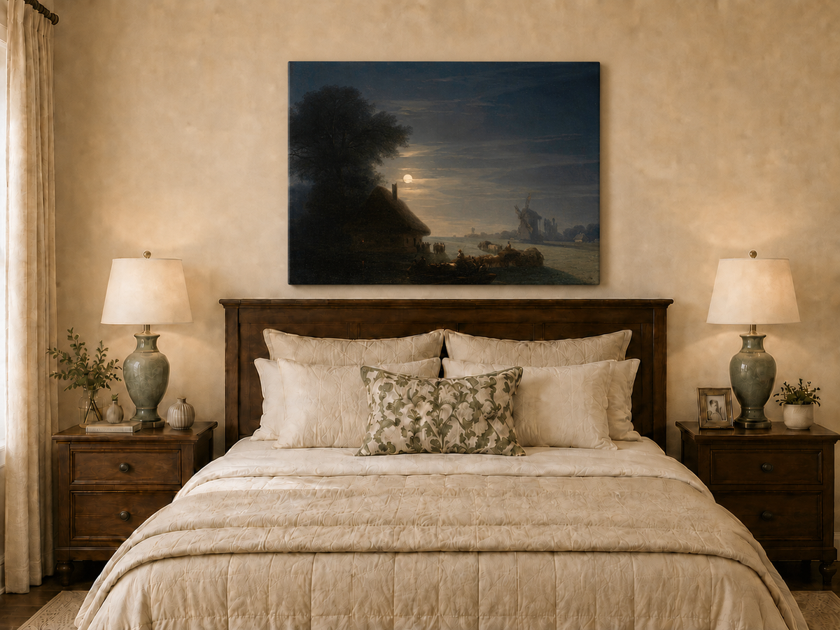 Landscape Oil Painting - Moonlit River and Windmill Village