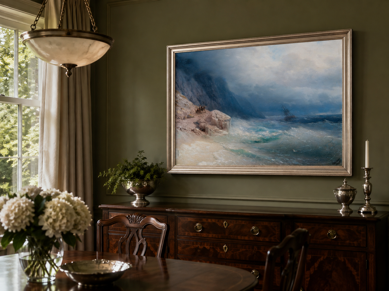 Landscape Oil Painting - Stormy Sea and Cliffs