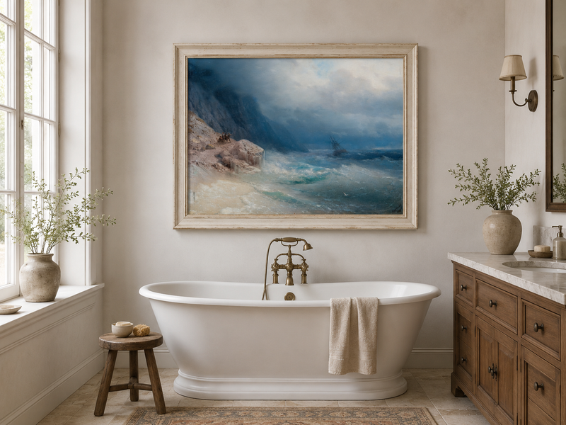 Landscape Oil Painting - Stormy Sea and Cliffs