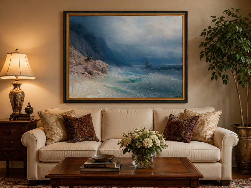 Landscape Oil Painting - Stormy Sea and Cliffs