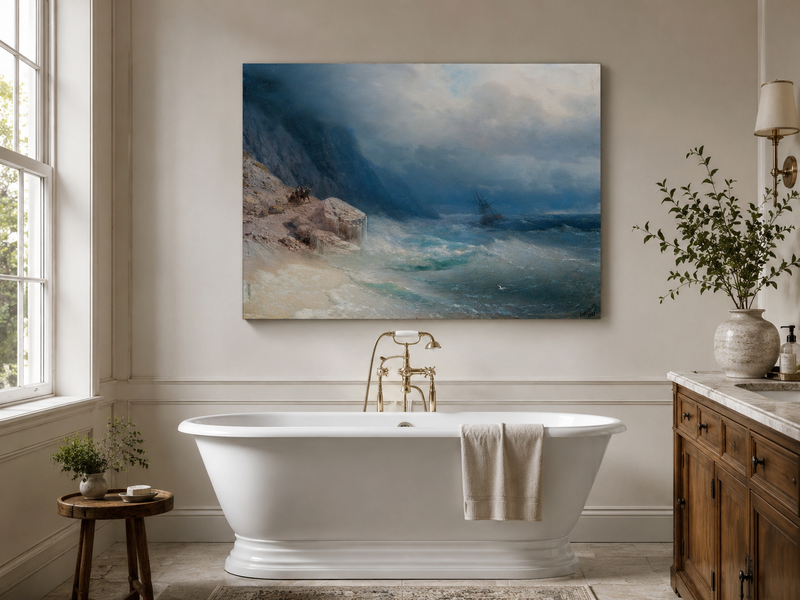Landscape Oil Painting - Stormy Sea and Cliffs