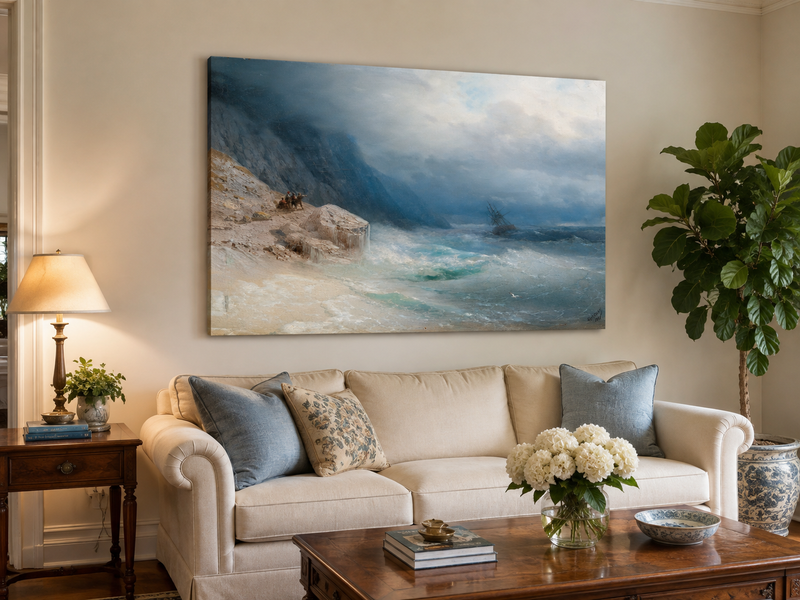 Landscape Oil Painting - Stormy Sea and Cliffs