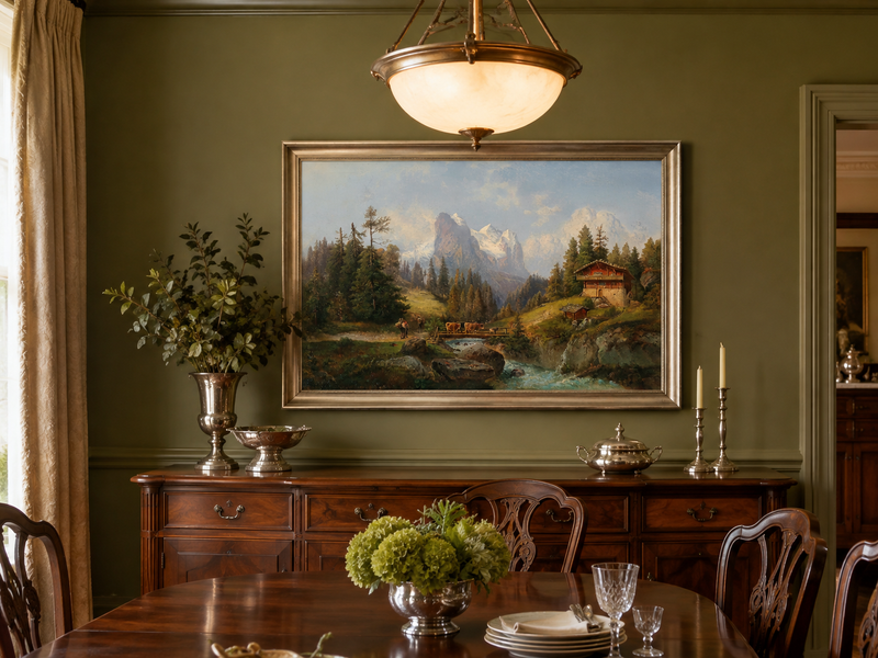 Peinture à l'huile de paysage - Ferme alpine, ruisseau, bétail, neige
