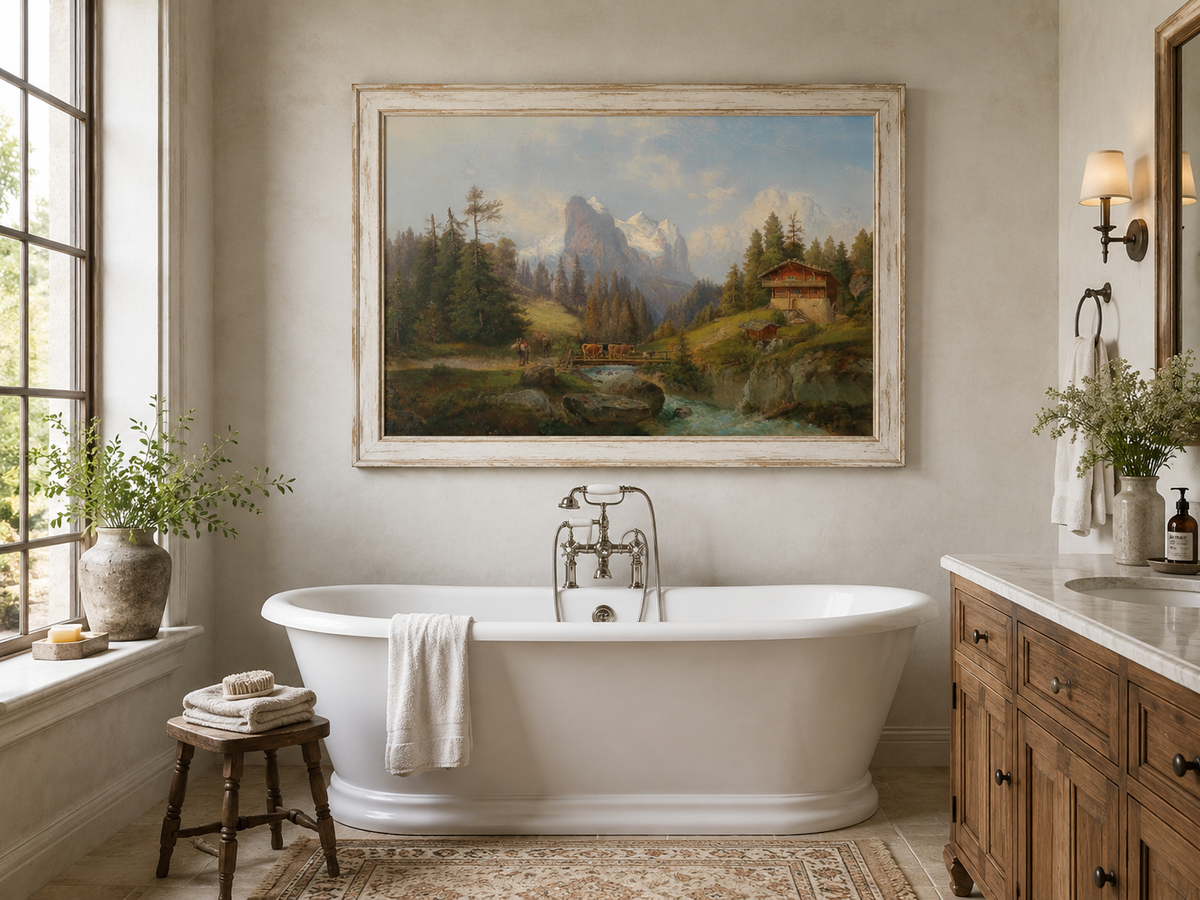Peinture à l'huile de paysage - Ferme alpine, ruisseau, bétail, neige