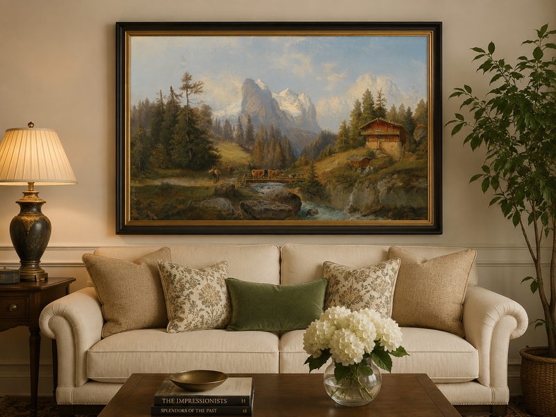 Peinture à l'huile de paysage - Ferme alpine, ruisseau, bétail, neige