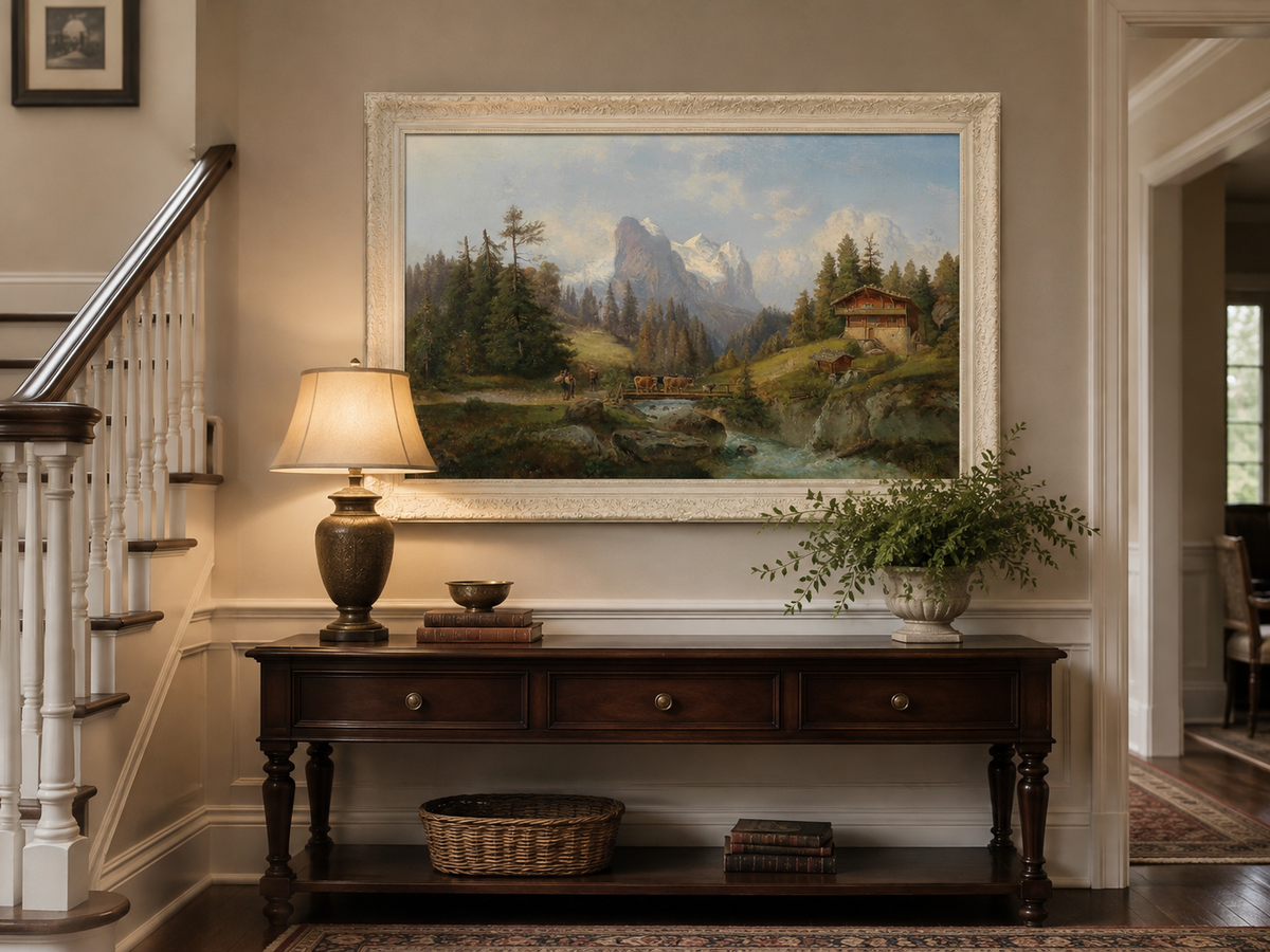 Peinture à l'huile de paysage - Ferme alpine, ruisseau, bétail, neige