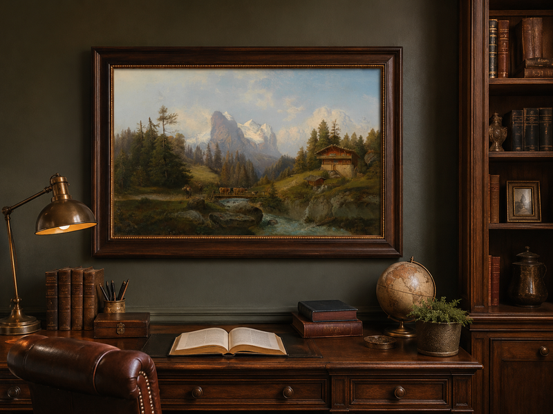 Peinture à l'huile de paysage - Ferme alpine, ruisseau, bétail, neige