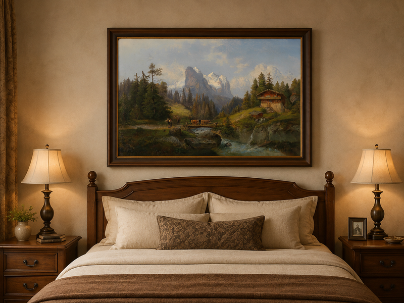 Peinture à l'huile de paysage - Ferme alpine, ruisseau, bétail, neige